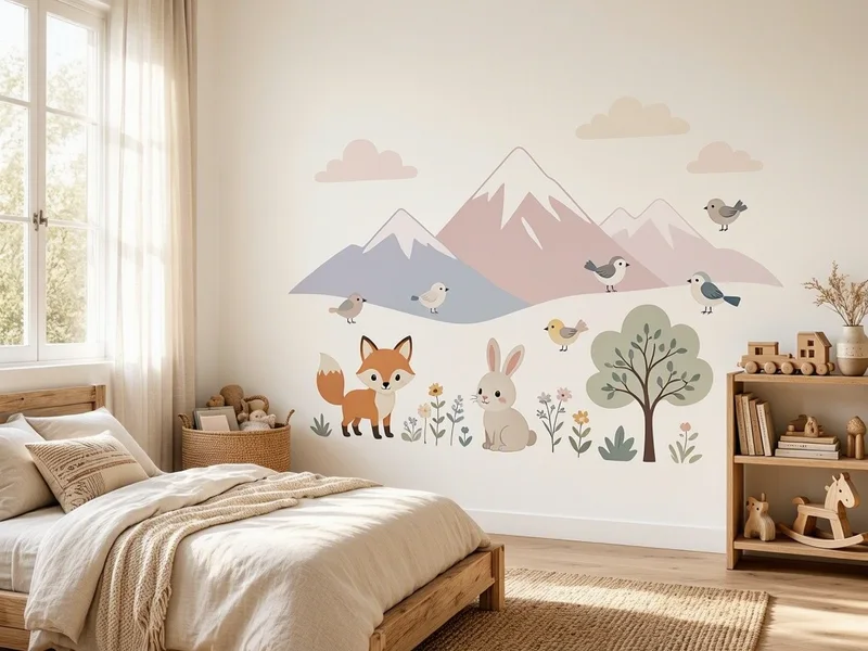 Inspiração ilustrativa de quarto infantil com adesivos decorativos de parede